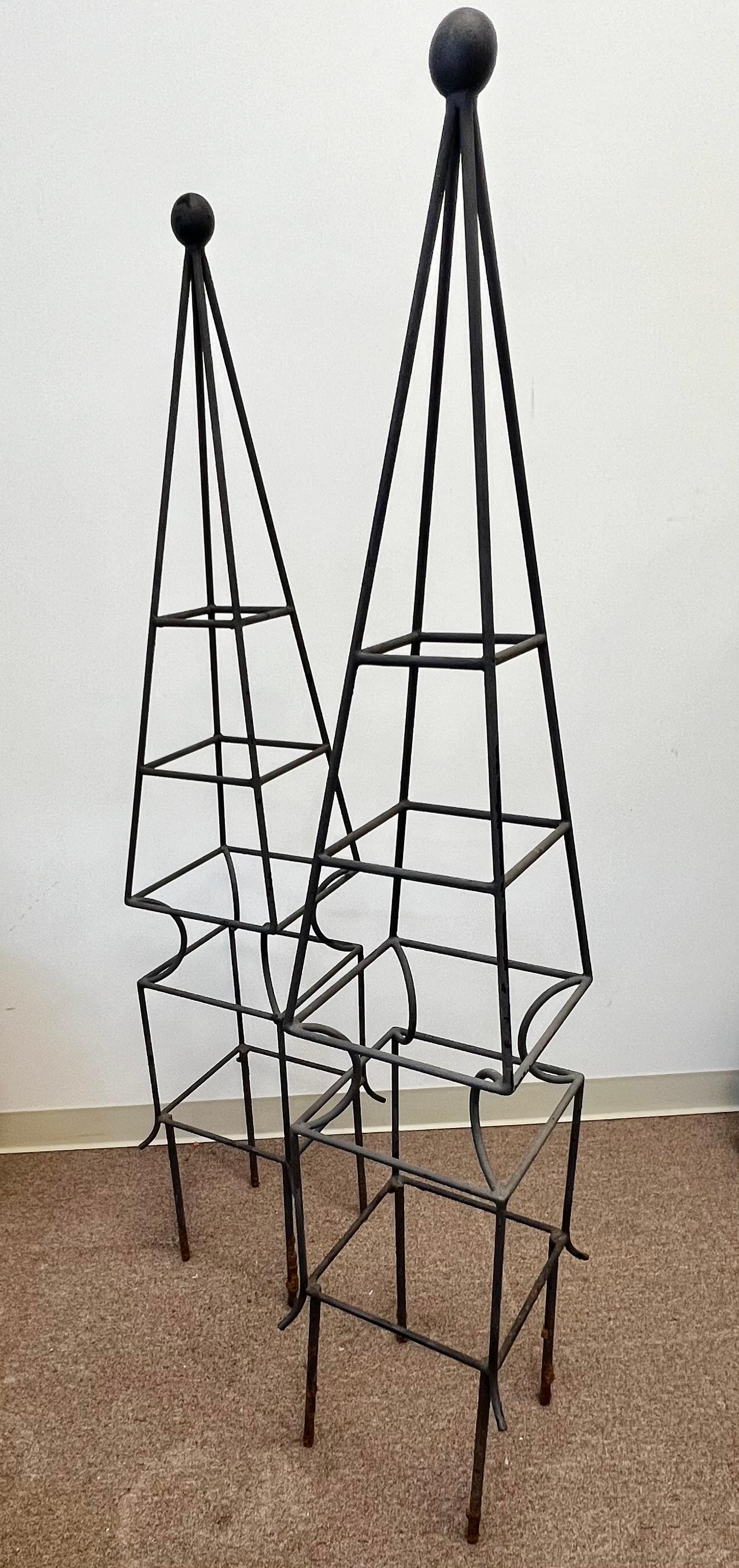 American Pair Obelisk Shaped Garden Topiary Forms in Wrought Iron For Sale
