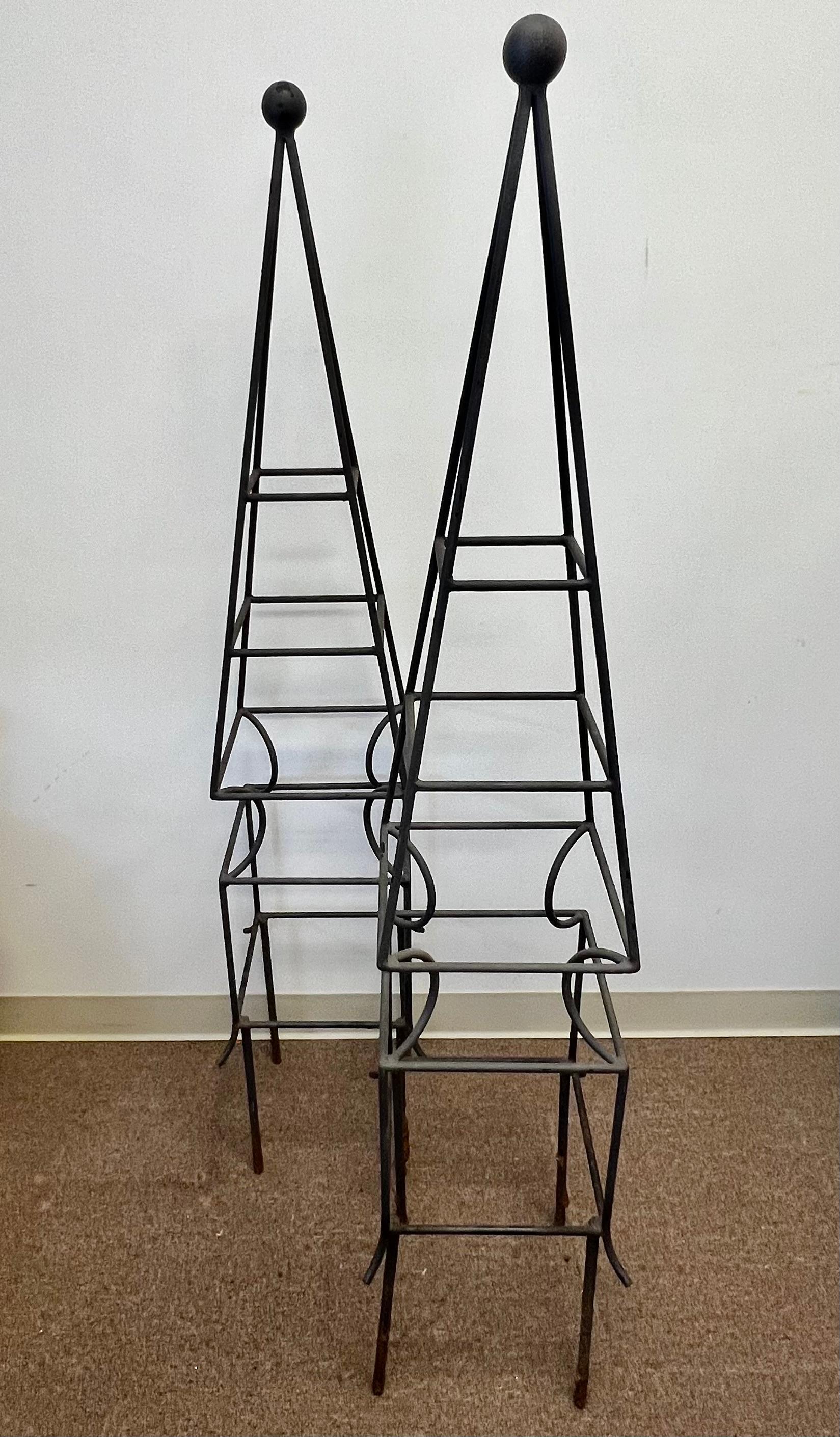 Hand-Crafted Pair Obelisk Shaped Garden Topiary Forms in Wrought Iron For Sale