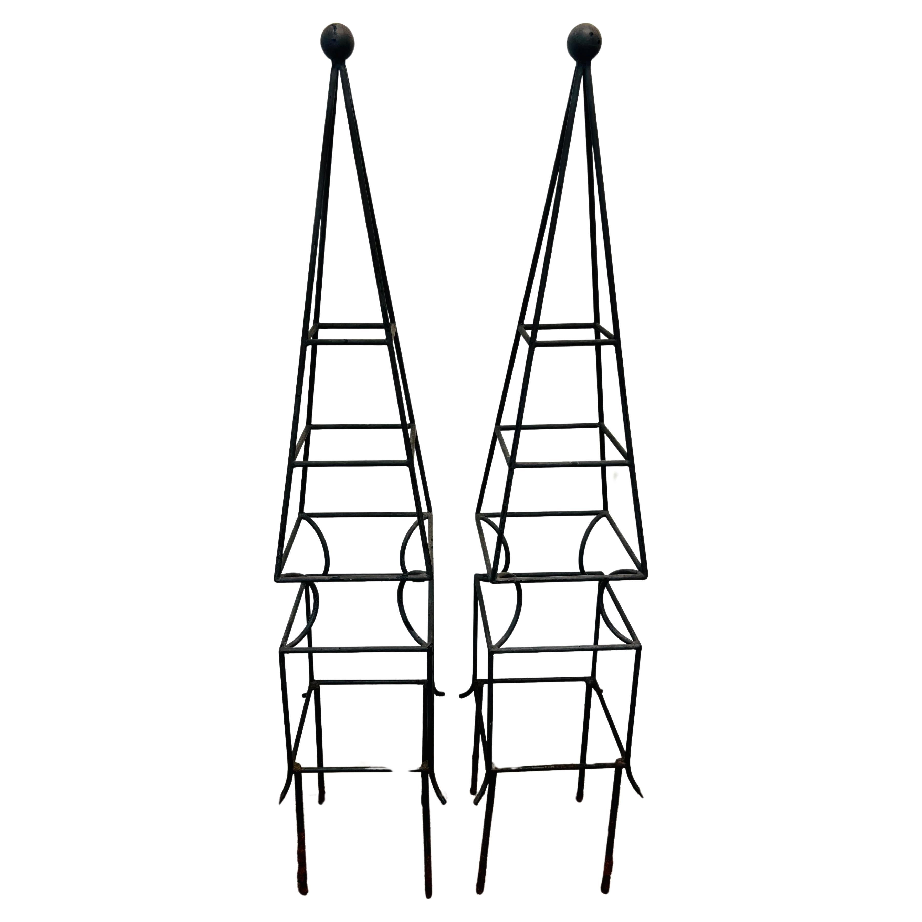 Pair Obelisk Shaped Garden Topiary Forms in Wrought Iron