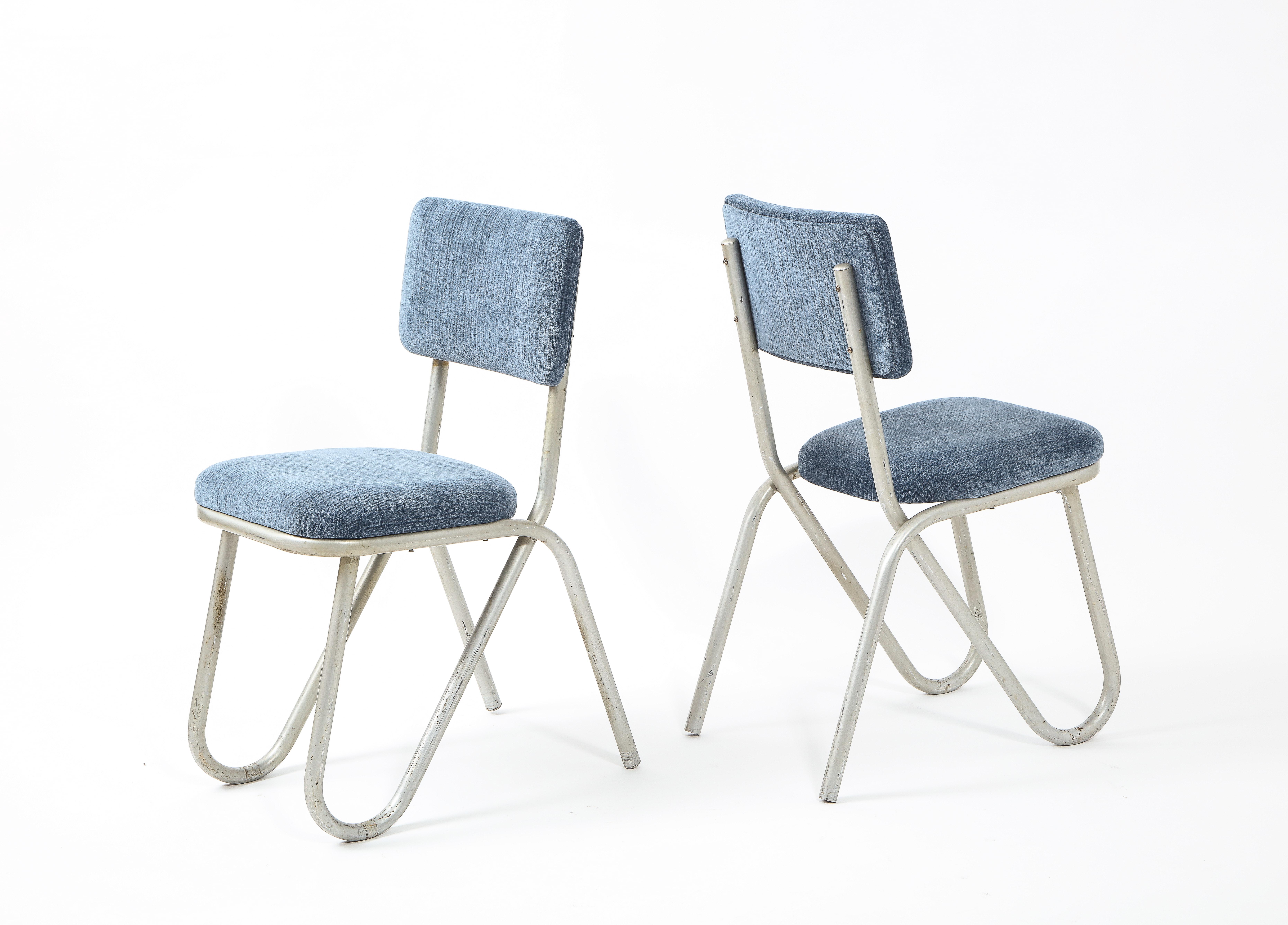 20th Century Pair of Modernist Tubular Metal Side Chairs, France 1950's