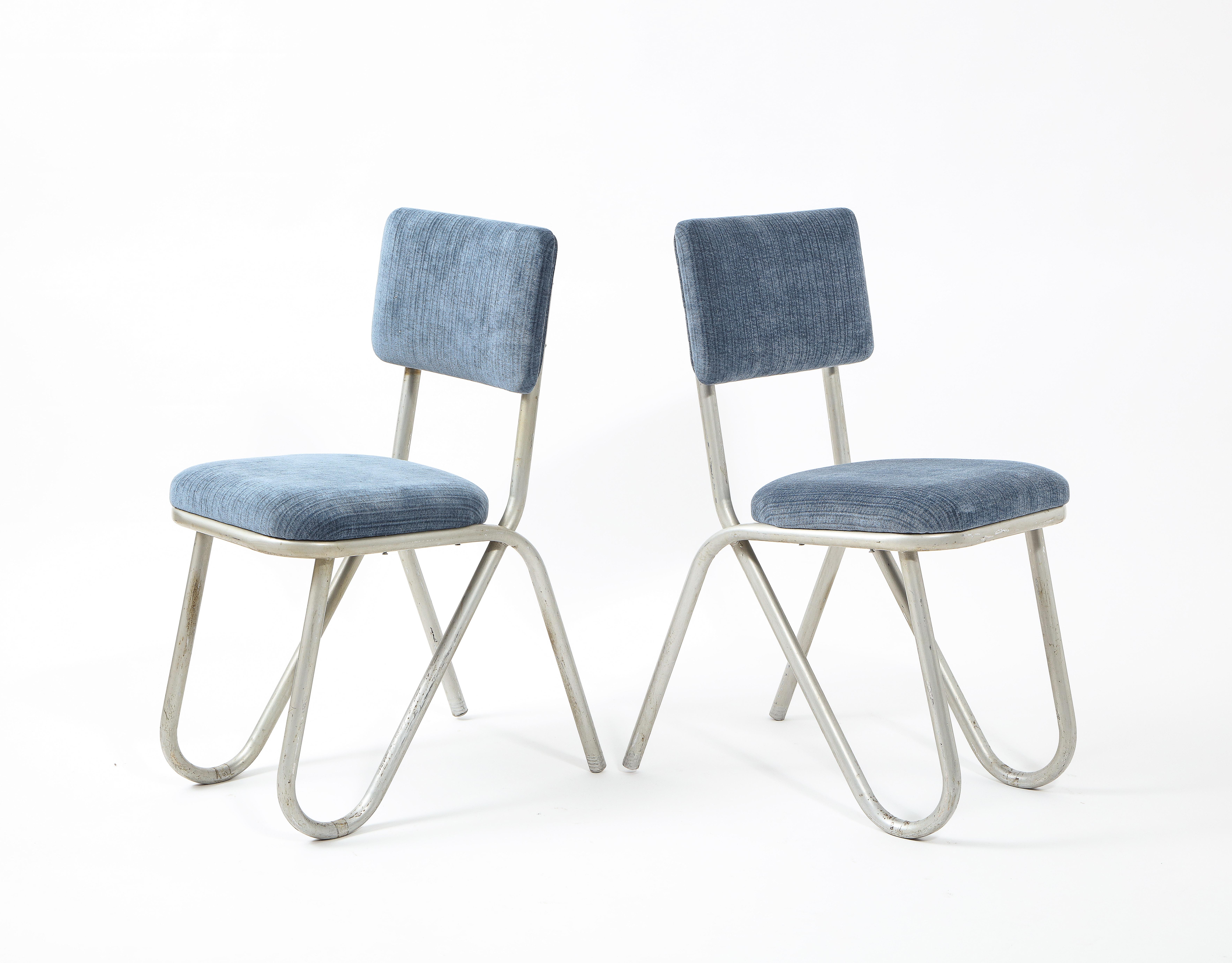 Steel Pair of Modernist Tubular Metal Side Chairs, France 1950's