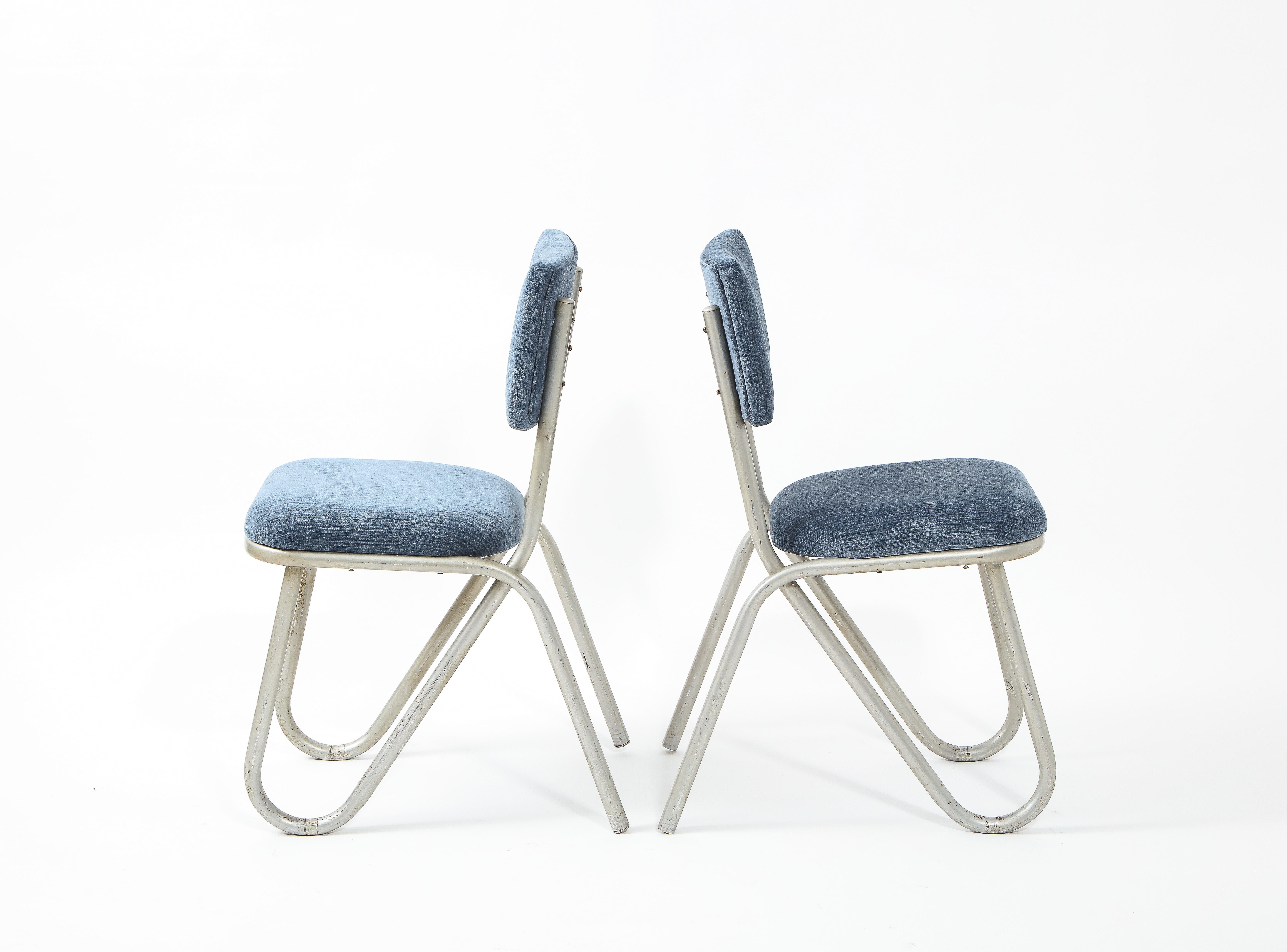 Pair of Modernist Tubular Metal Side Chairs, France 1950's 1