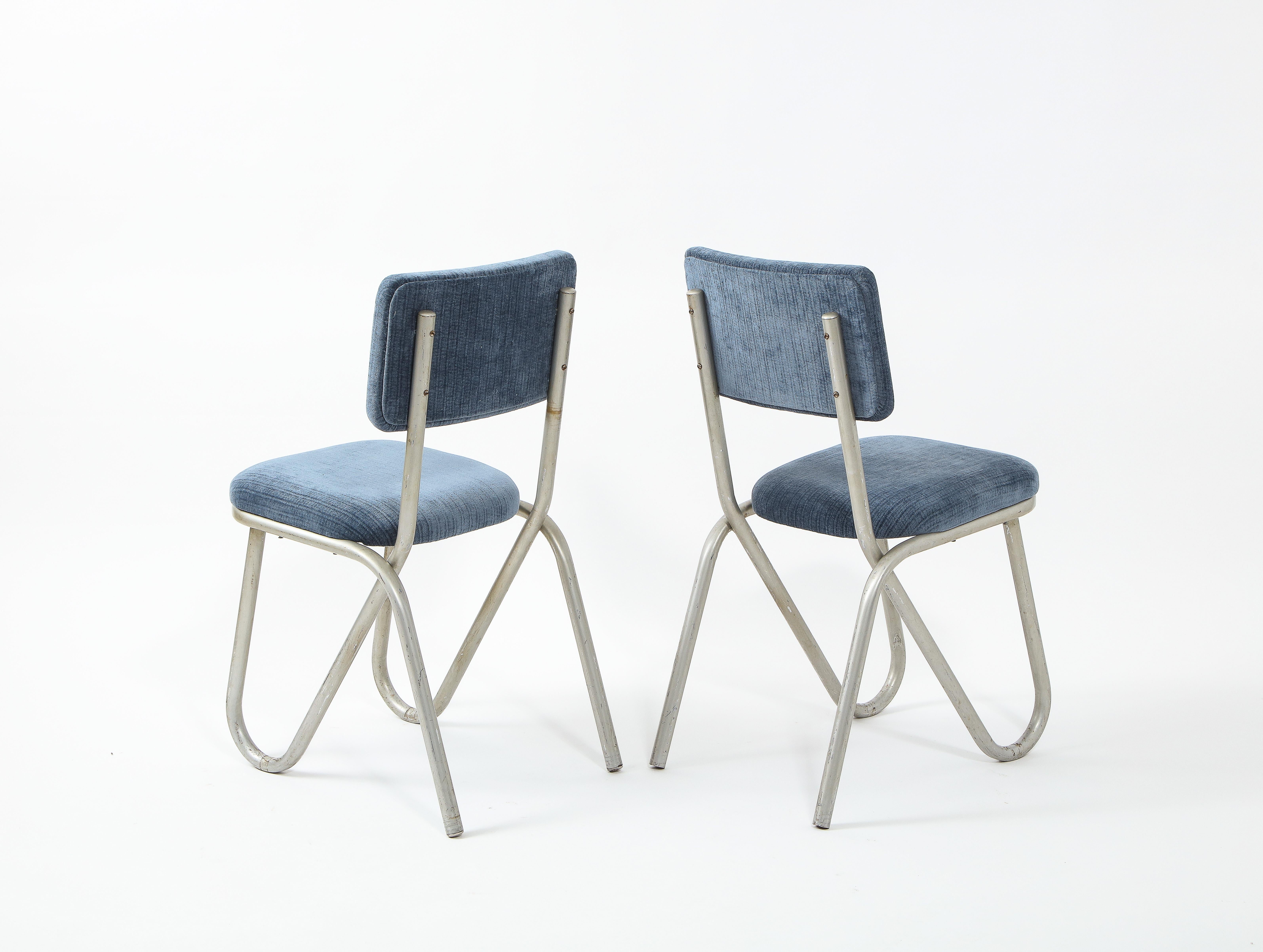 Pair of Modernist Tubular Metal Side Chairs, France 1950's 2