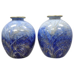 Retro Pair of Camille Tharaud Limoges France Glazed Porcelain Blue Vase Lamp Base