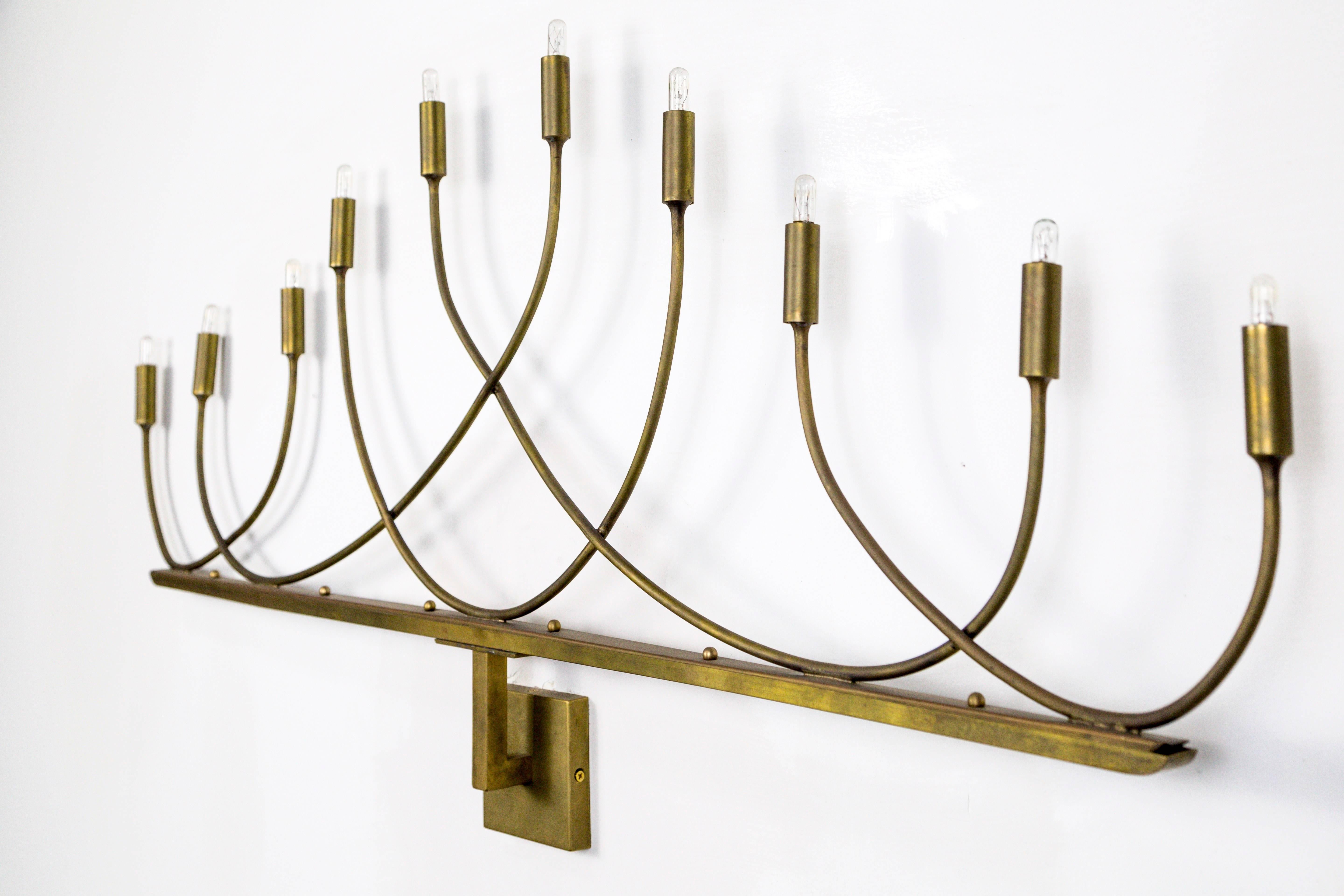 Large Hollywood Regency Low Relief 10-Light Brass Sconces (Pair) In Good Condition For Sale In San Francisco, CA