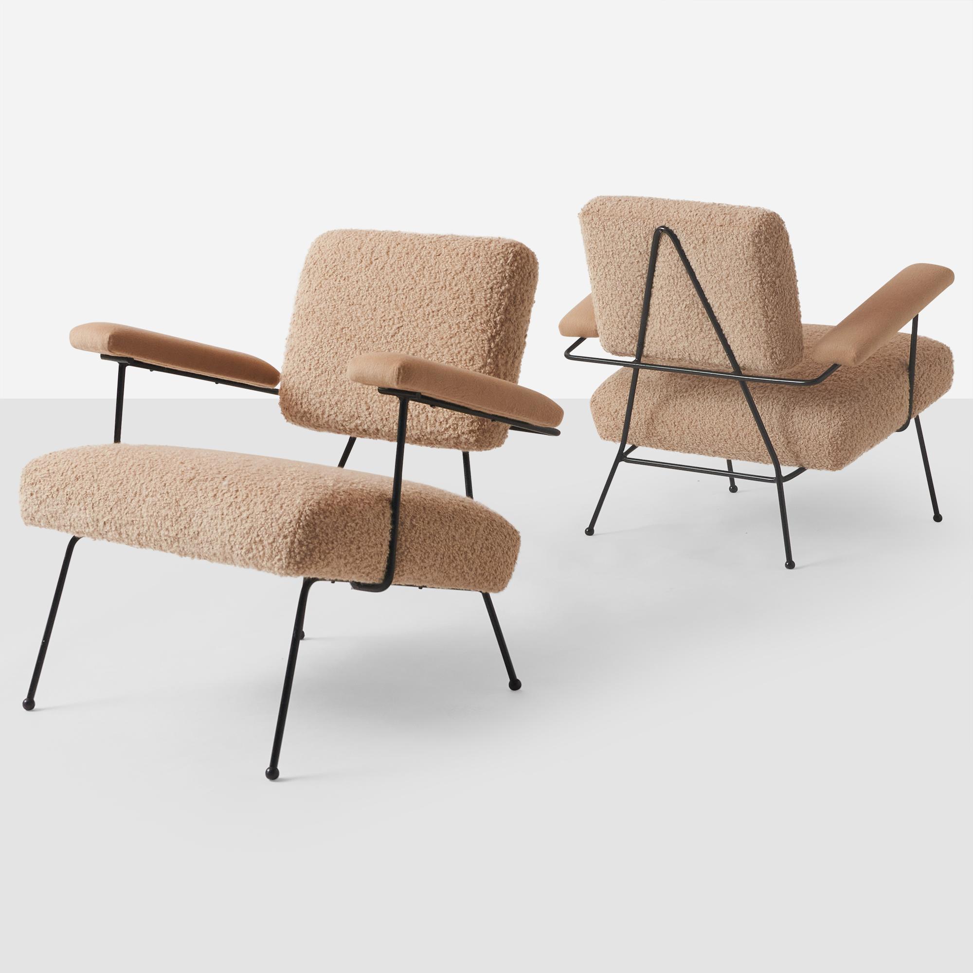 A pair of iron lounge chairs, model #104C, by Adrian Pearsall for Craft Associates. Seat and back have been recovered in a Sandra Jordan Prima Alpaca fawn bouclé and armrests covered in a complimentary solid fawn fabric.