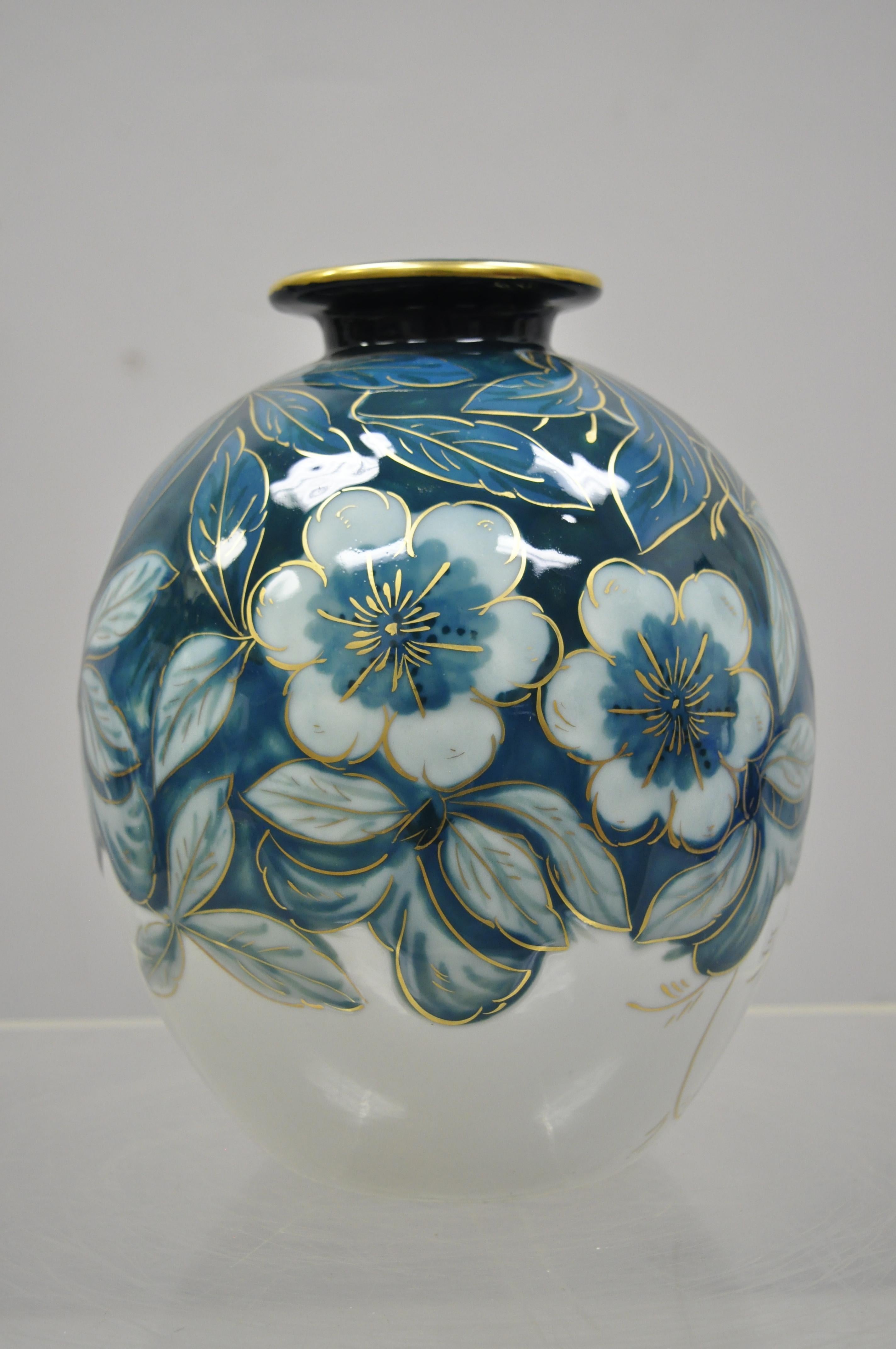 Victorian Pair of Camille Tharaud Limoges France Glazed Porcelain Teal Vase Lamp Base