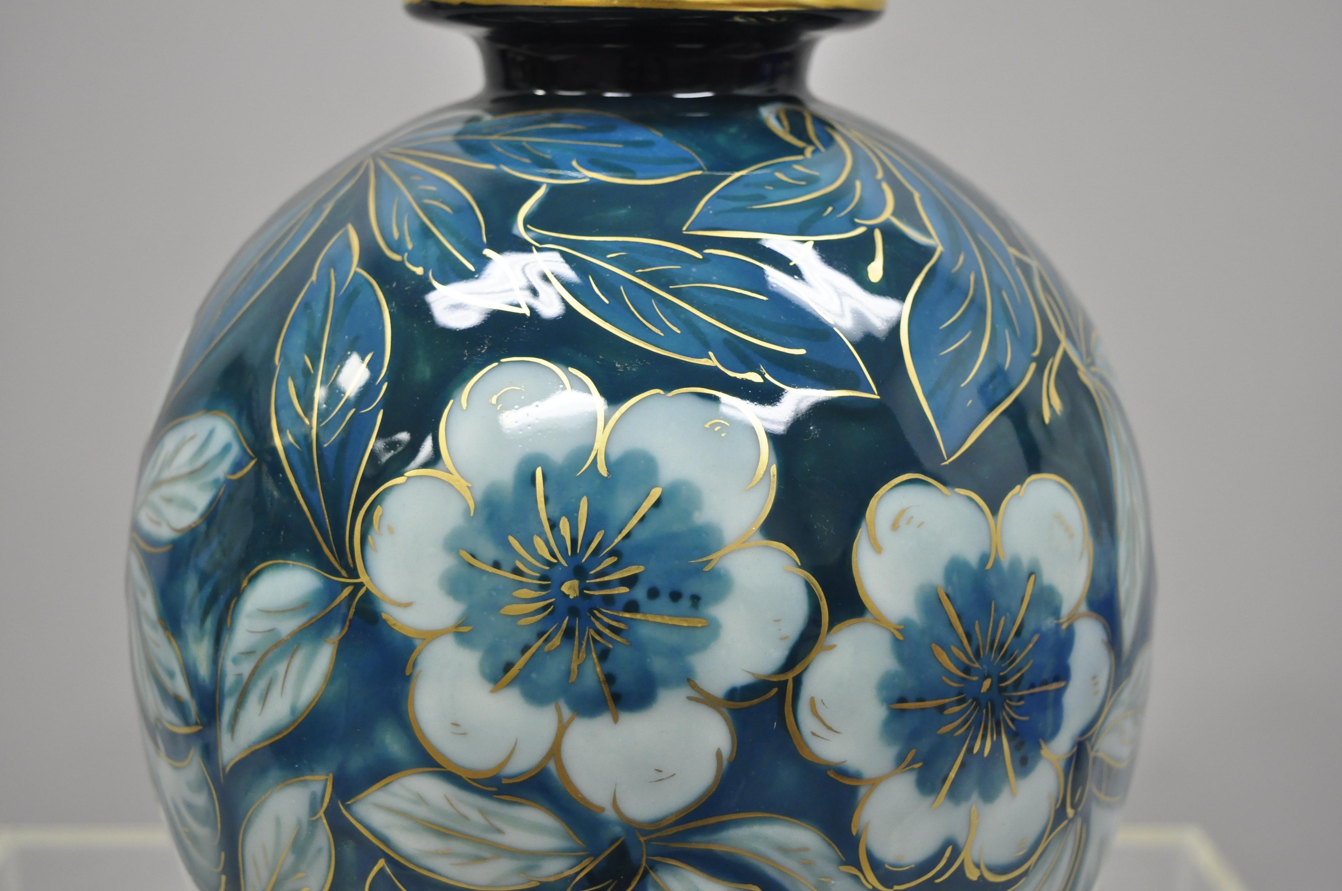 French Pair of Camille Tharaud Limoges France Glazed Porcelain Teal Vase Lamp Base