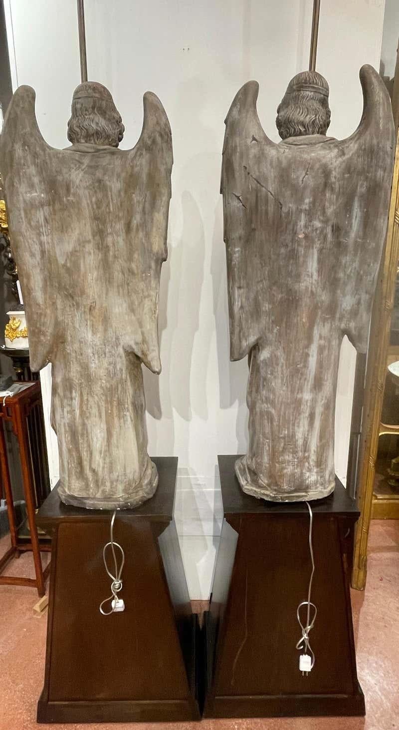 Pair of 12' Polychromed Plaster Angel 14-Light Candelabra / Lamps on Pedestals For Sale 3