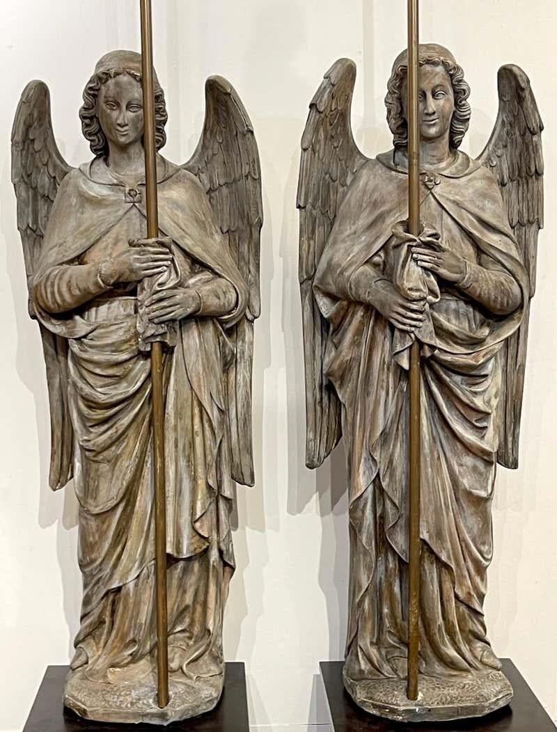Pair of 12' Polychromed Plaster Angel 14-Light Candelabra / Lamps on Pedestals For Sale 11