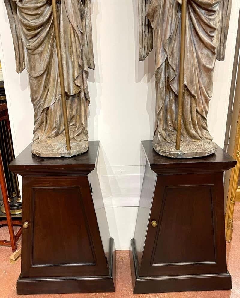 Gothic Pair of 12' Polychromed Plaster Angel 14-Light Candelabra / Lamps on Pedestals For Sale