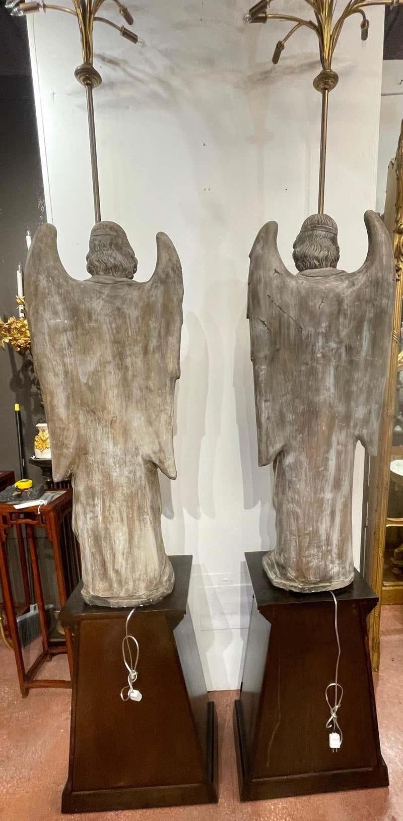 Pair of 12' Polychromed Plaster Angel 14-Light Candelabra / Lamps on Pedestals For Sale 2