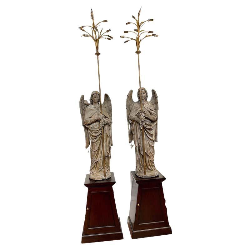 Pair of 12' Polychromed Plaster Angel 14-Light Candelabra / Lamps on Pedestals For Sale