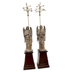 Pair of 12' Polychromed Plaster Angel 14-Light Candelabra / Lamps on Pedestals