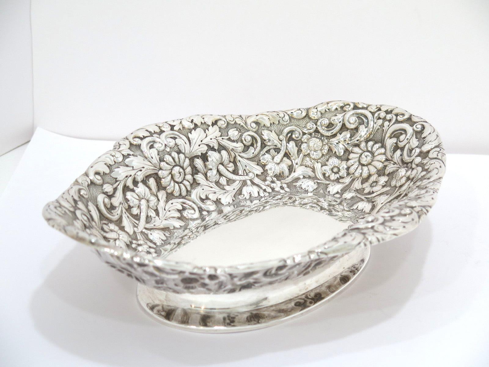 Repoussé Pair of Sterling Silver Antique English Floral Repousse Footed Serving Bowls For Sale