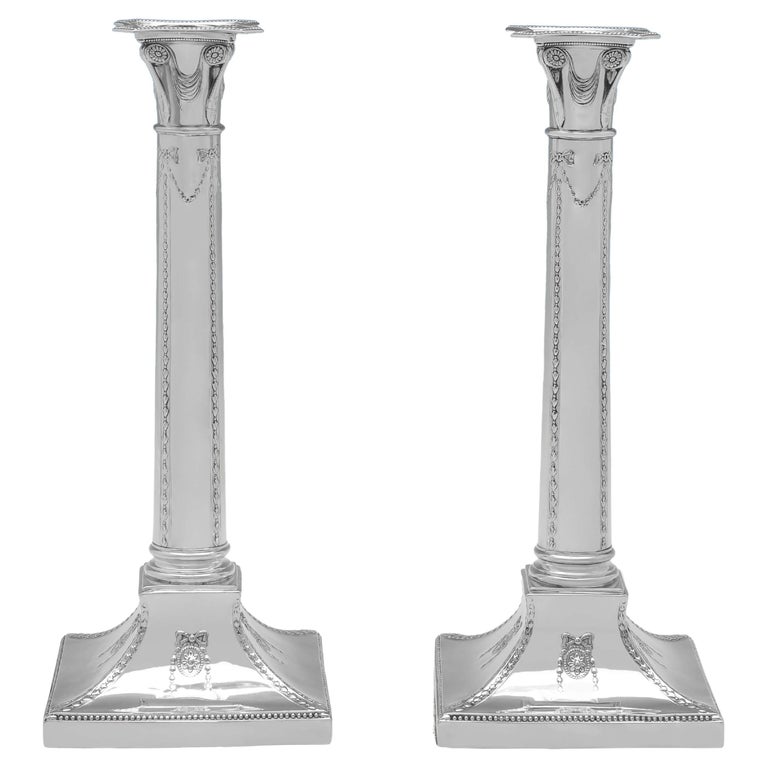 Pair of 12" Tall Victorian Sterling Silver Candlesticks, Thomas Bradbury 1899 For Sale