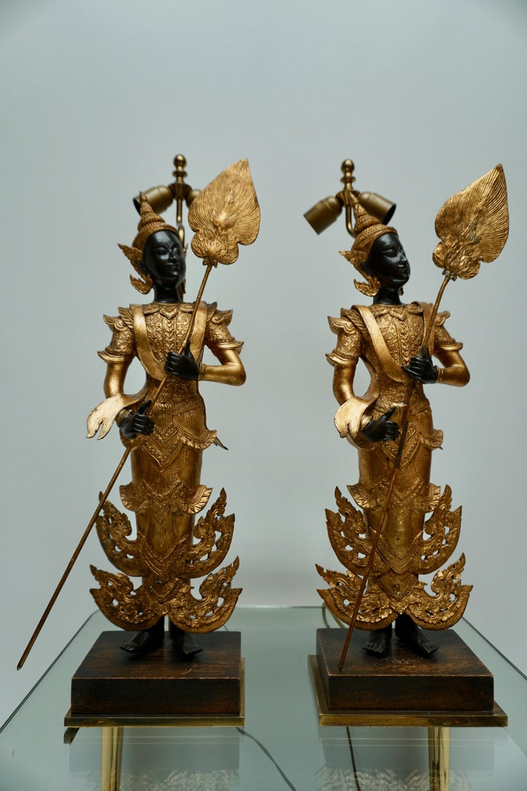 Pair of 120th Century Thai Gilt Bronze Figural Lamps For Sale 2