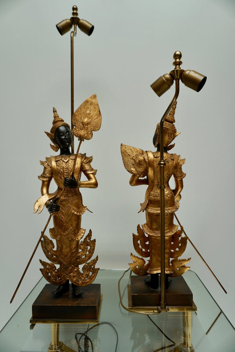Pair of 120th Century Thai Gilt Bronze Figural Lamps For Sale 3