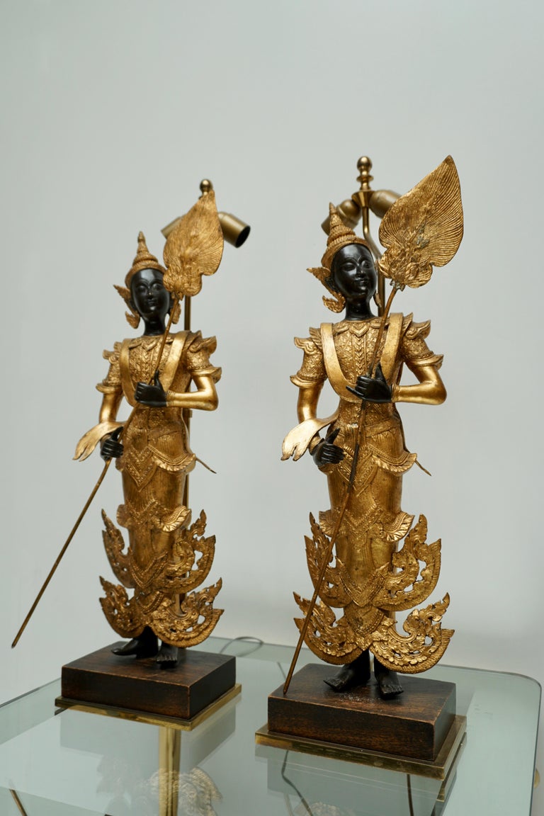 Pair of 120th Century Thai Gilt Bronze Figural Lamps For Sale 4