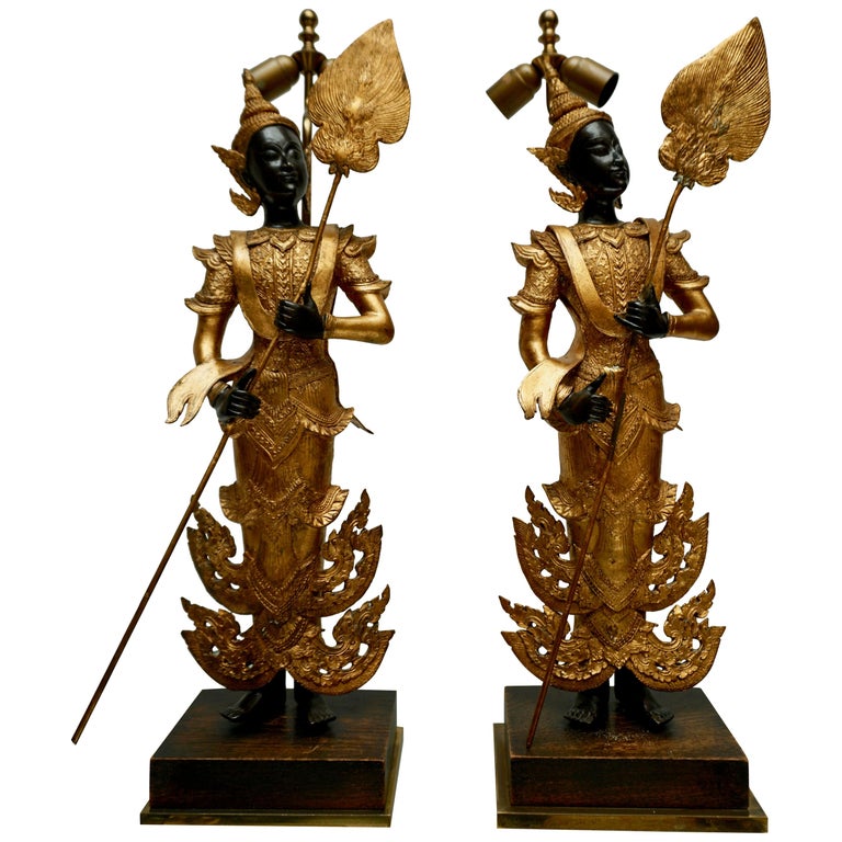 Pair of 120th Century Thai Gilt Bronze Figural Lamps For Sale