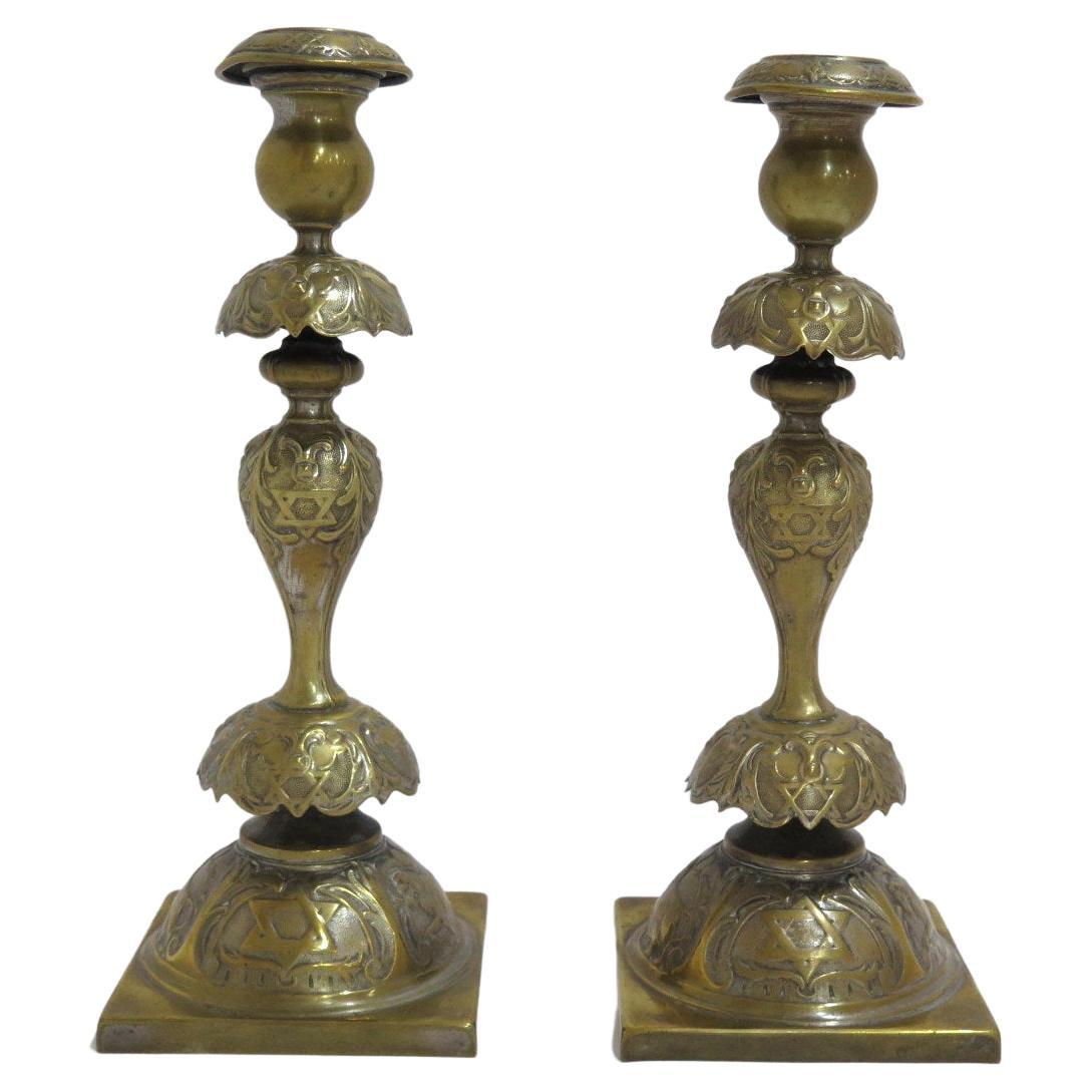 Pair of Bronze Henneberg Warsaw Antique 1908 Star of David Candle Sticks
