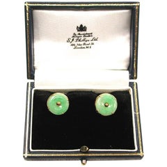 Antique Pair of 14 Carat Gold Jade Earrings, Dated circa 1920, with Threaded Stems
