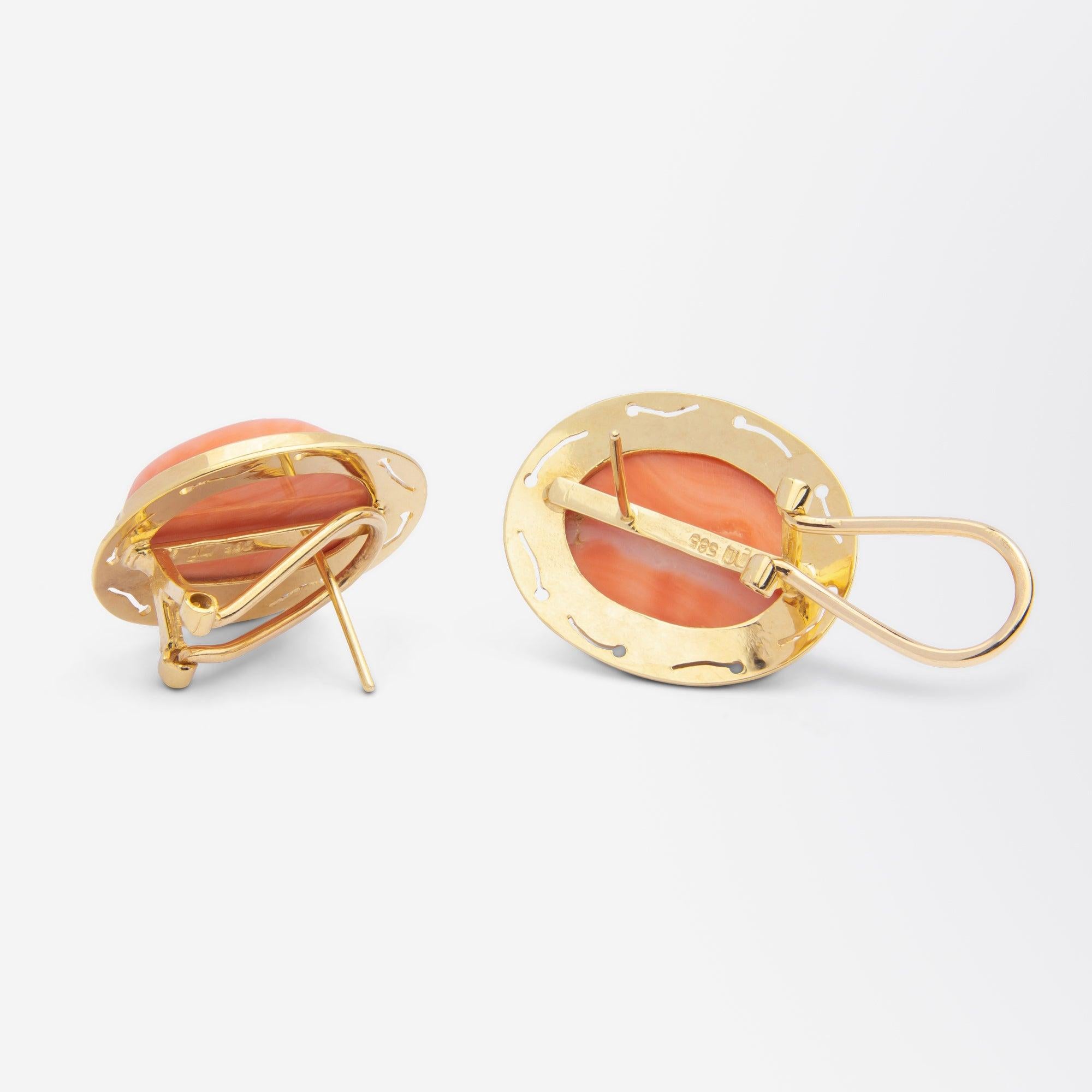 Modern Pair of 14 Karat Gold & Cabochon Coral Earrings For Sale