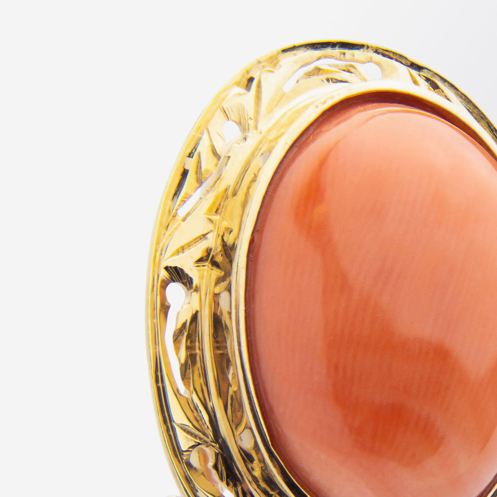 Pair of 14 Karat Gold & Cabochon Coral Earrings In Good Condition For Sale In Brisbane, QLD