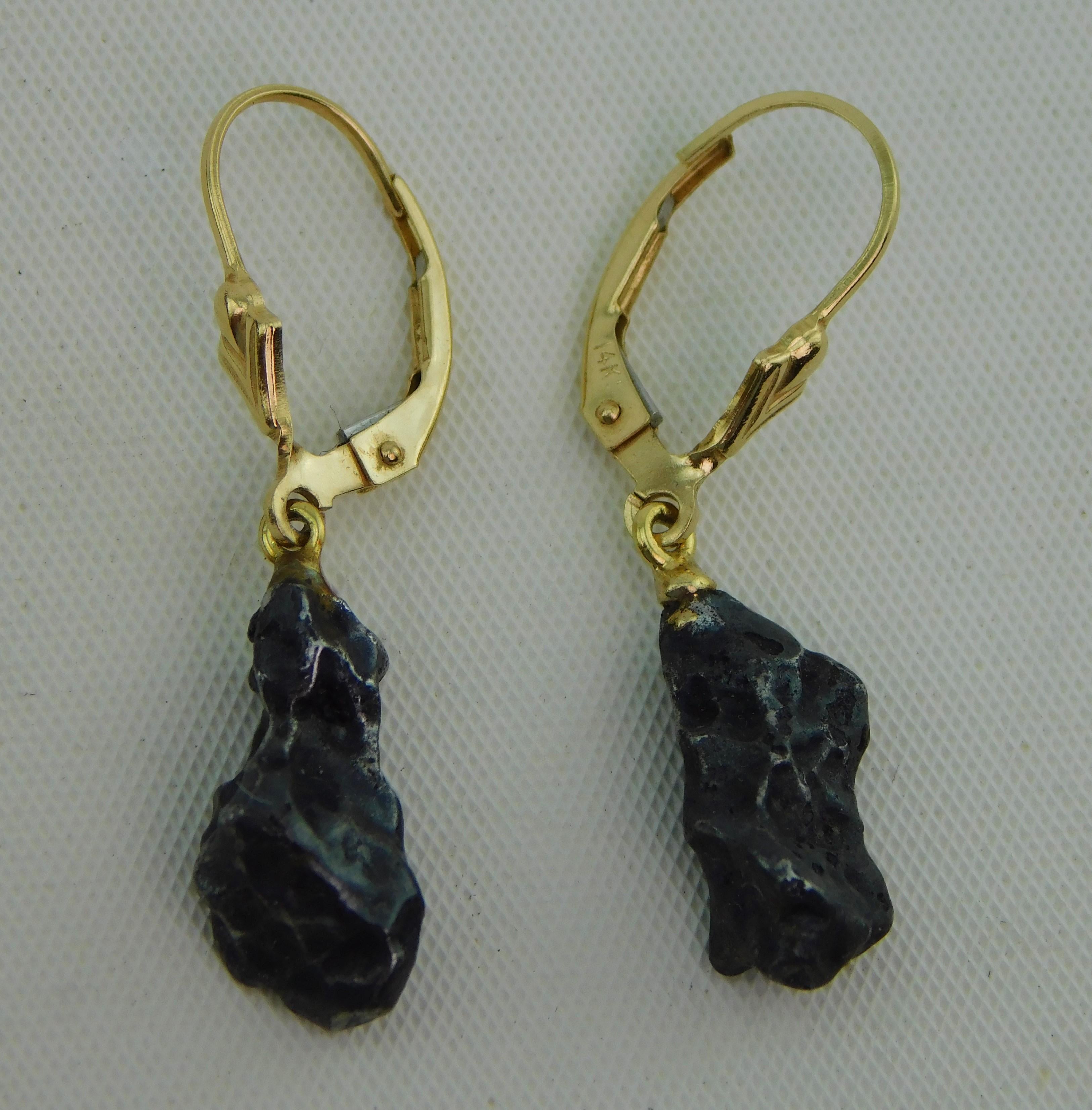 Pair of 14 Karat Gold Campo del Cielo Meteorite Hanging Earrings  For Sale 5