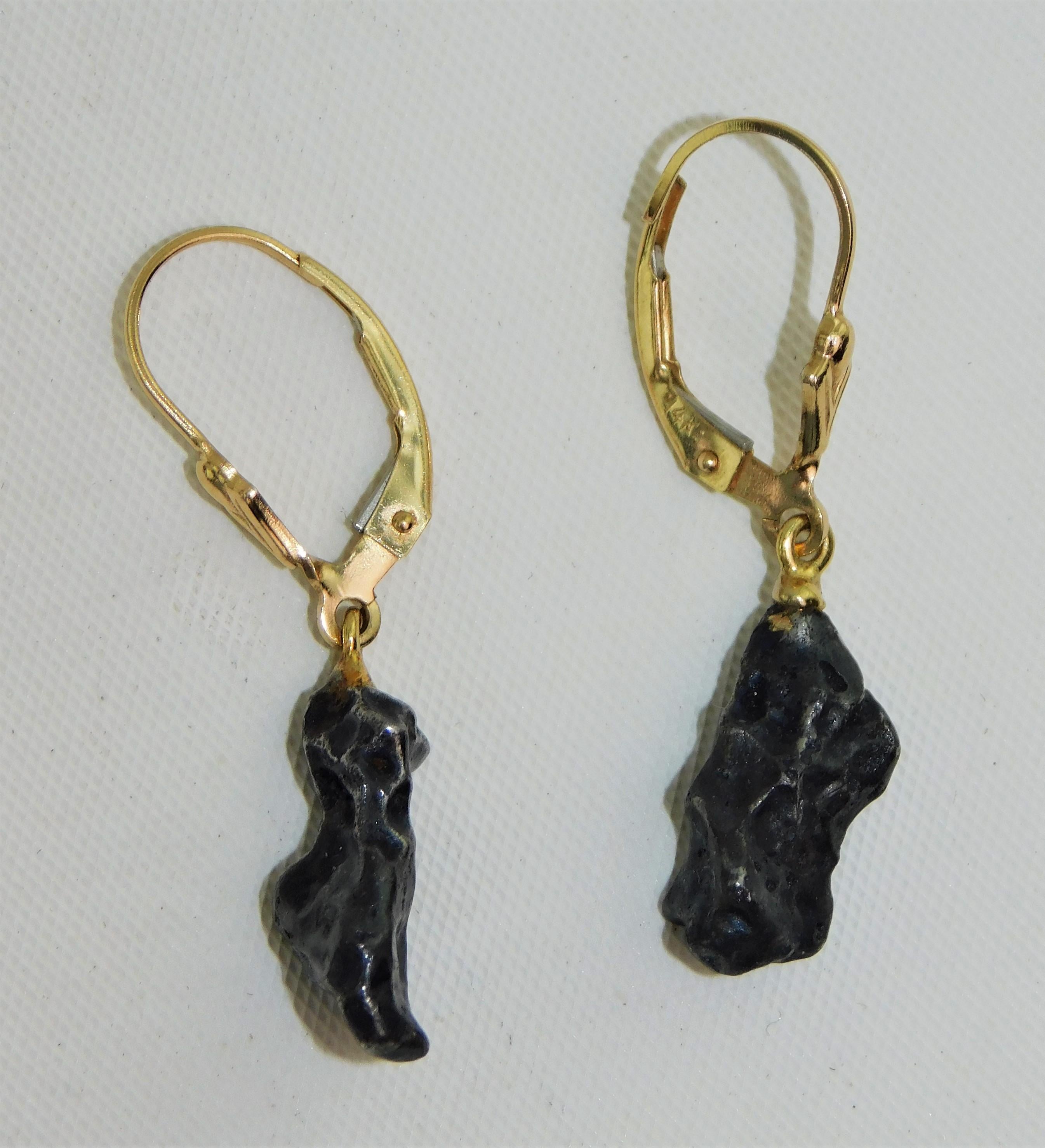 Argentine Pair of 14 Karat Gold Campo del Cielo Meteorite Hanging Earrings  For Sale