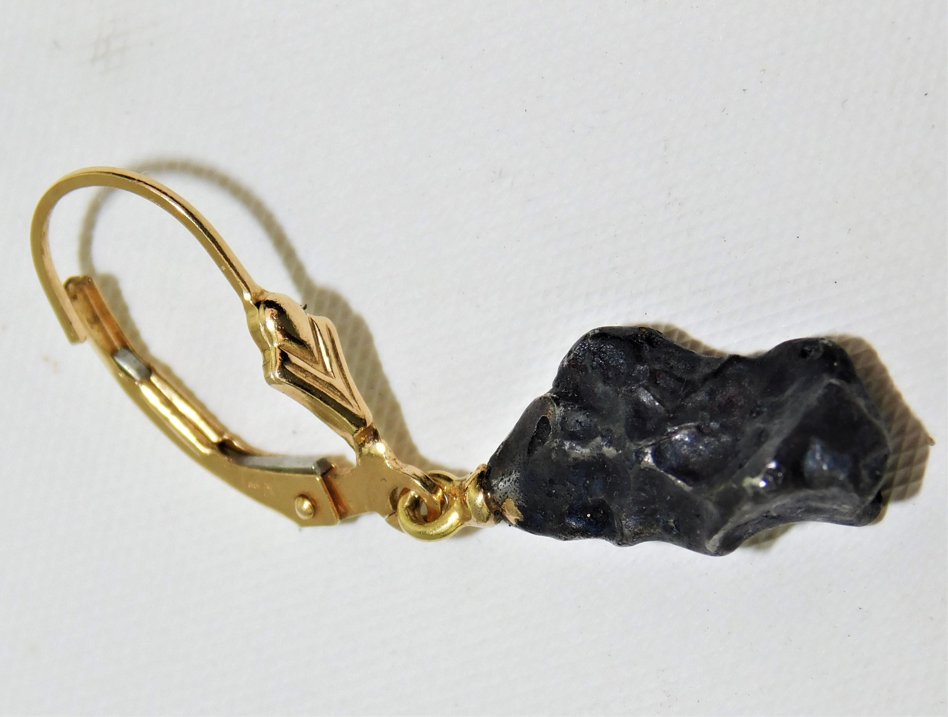 Pair of 14 Karat Gold Campo del Cielo Meteorite Hanging Earrings  For Sale 1