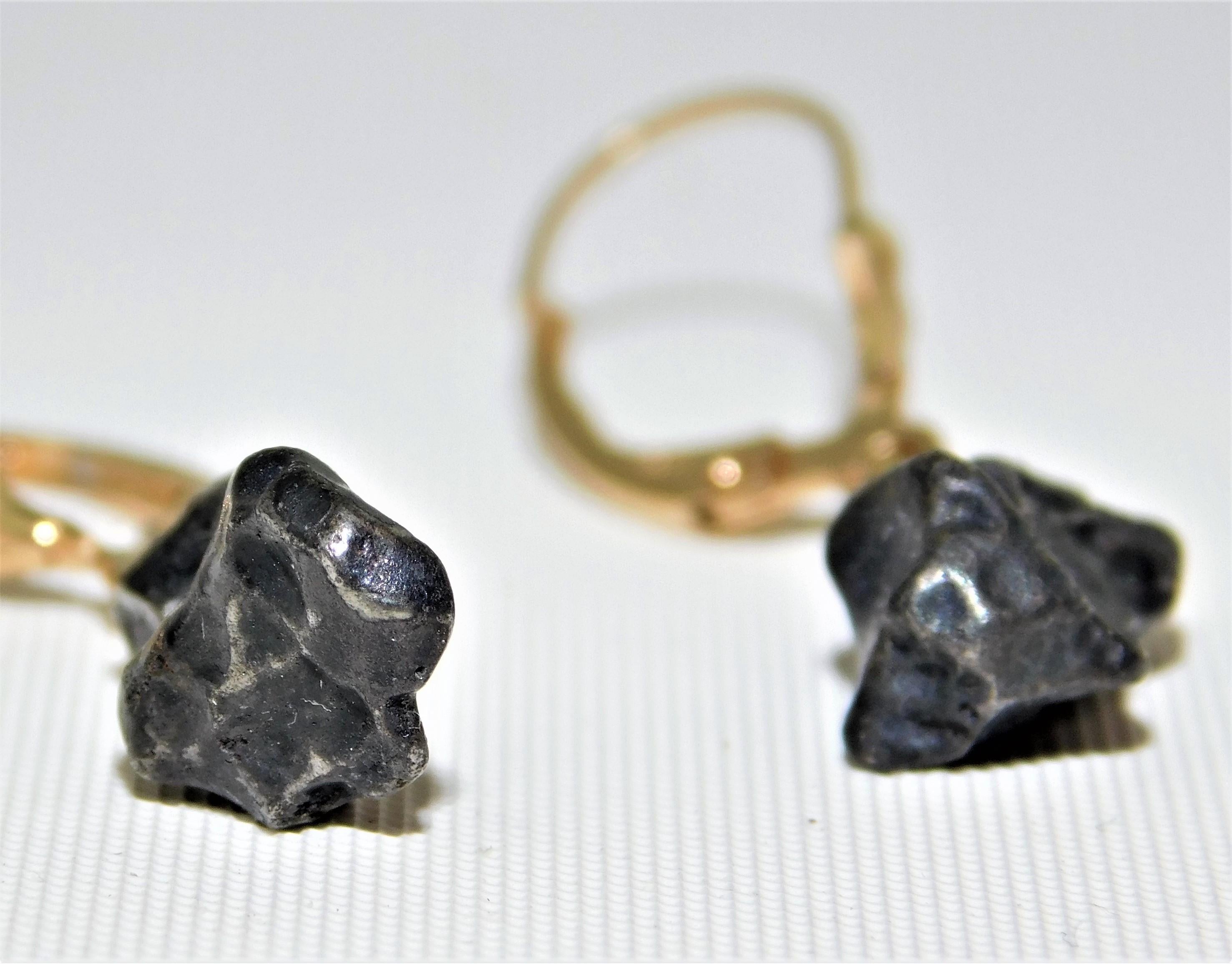 Pair of 14 Karat Gold Campo del Cielo Meteorite Hanging Earrings  For Sale 2