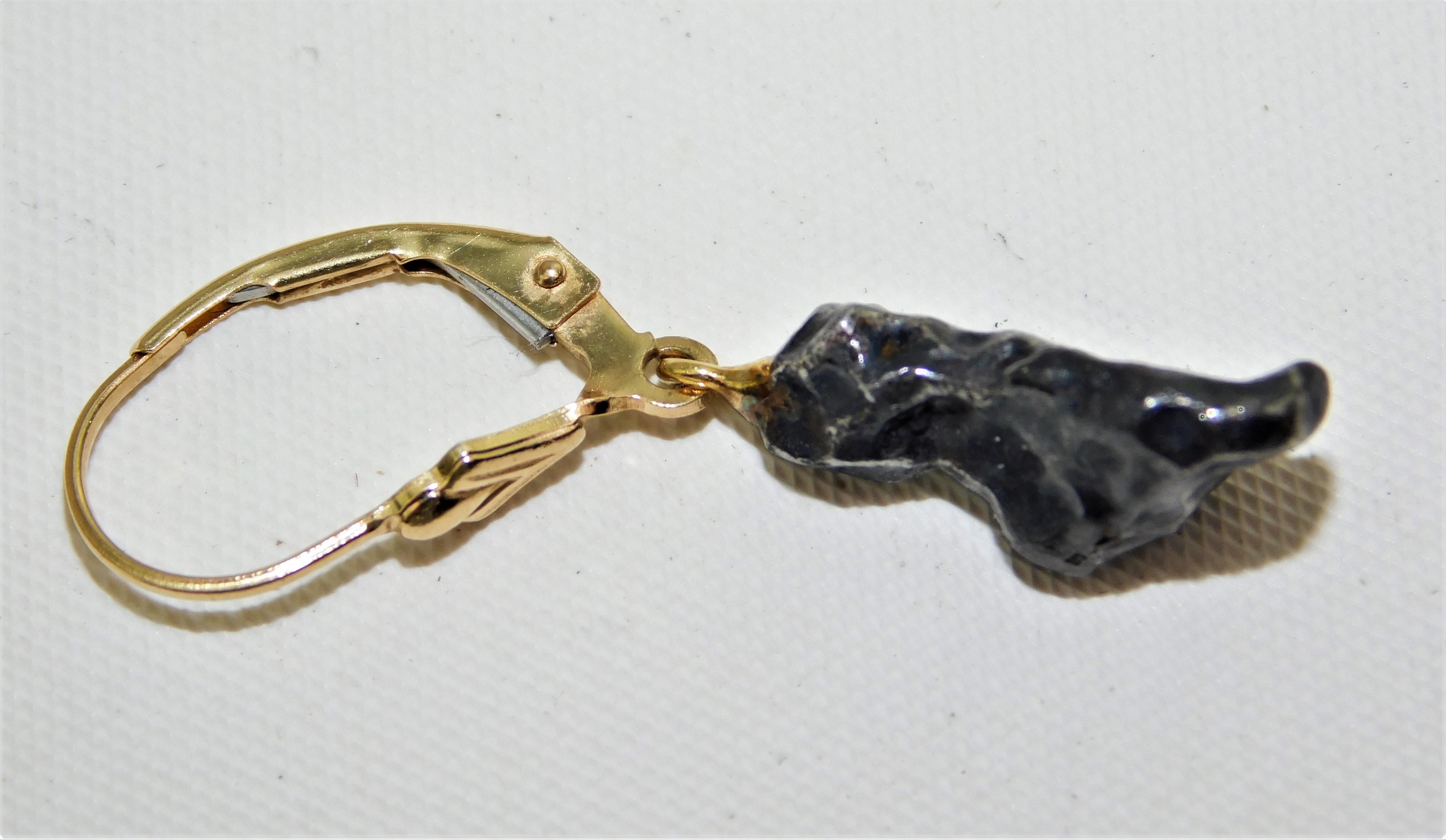 Pair of 14 Karat Gold Campo del Cielo Meteorite Hanging Earrings  For Sale 3