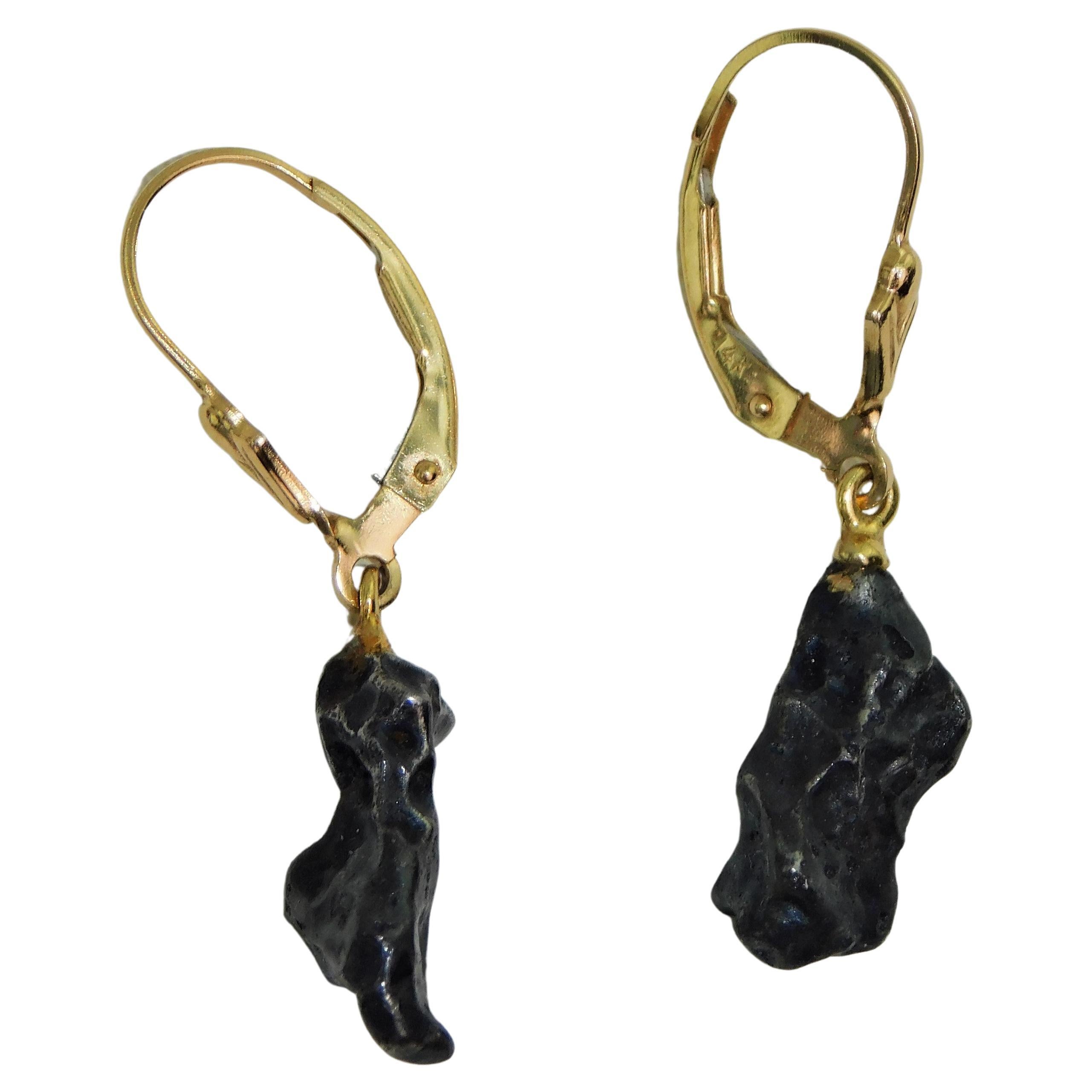 Pair of 14 Karat Gold Campo del Cielo Meteorite Hanging Earrings  For Sale