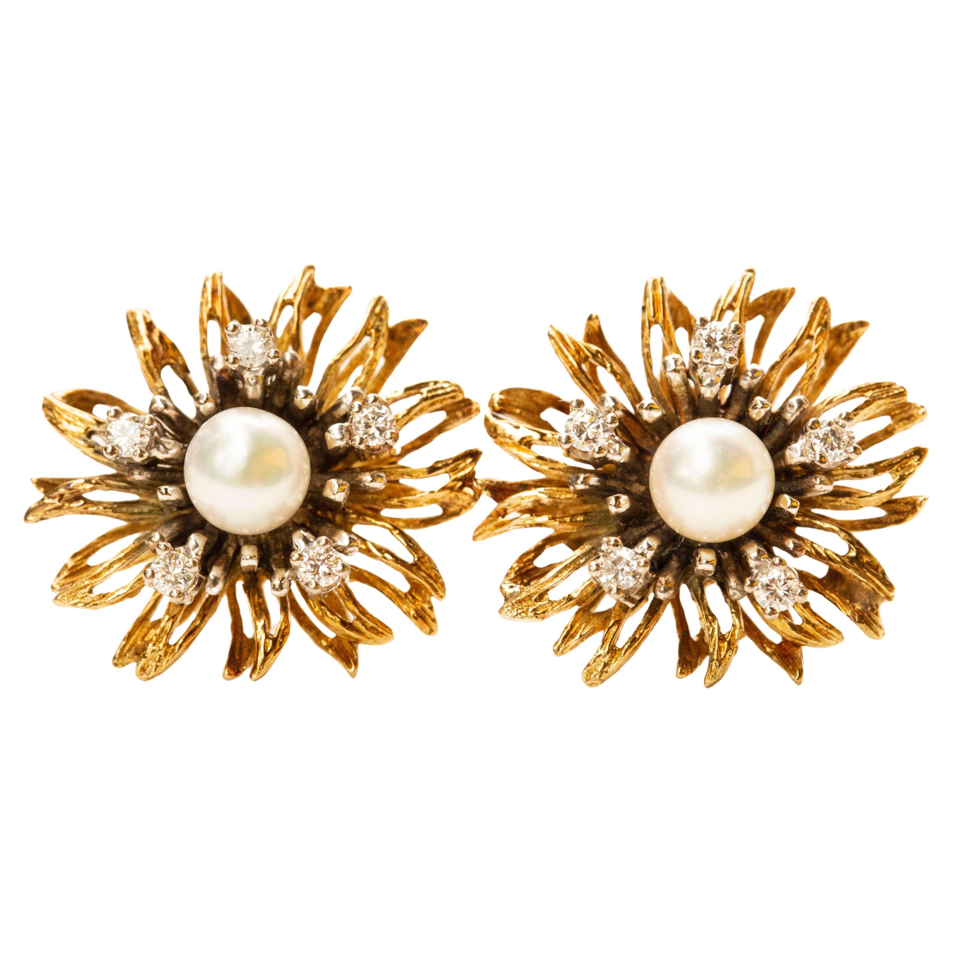 Pair of 14 Karat Gold Flower Stud Earrings With Cultured Pearl and Diamonds