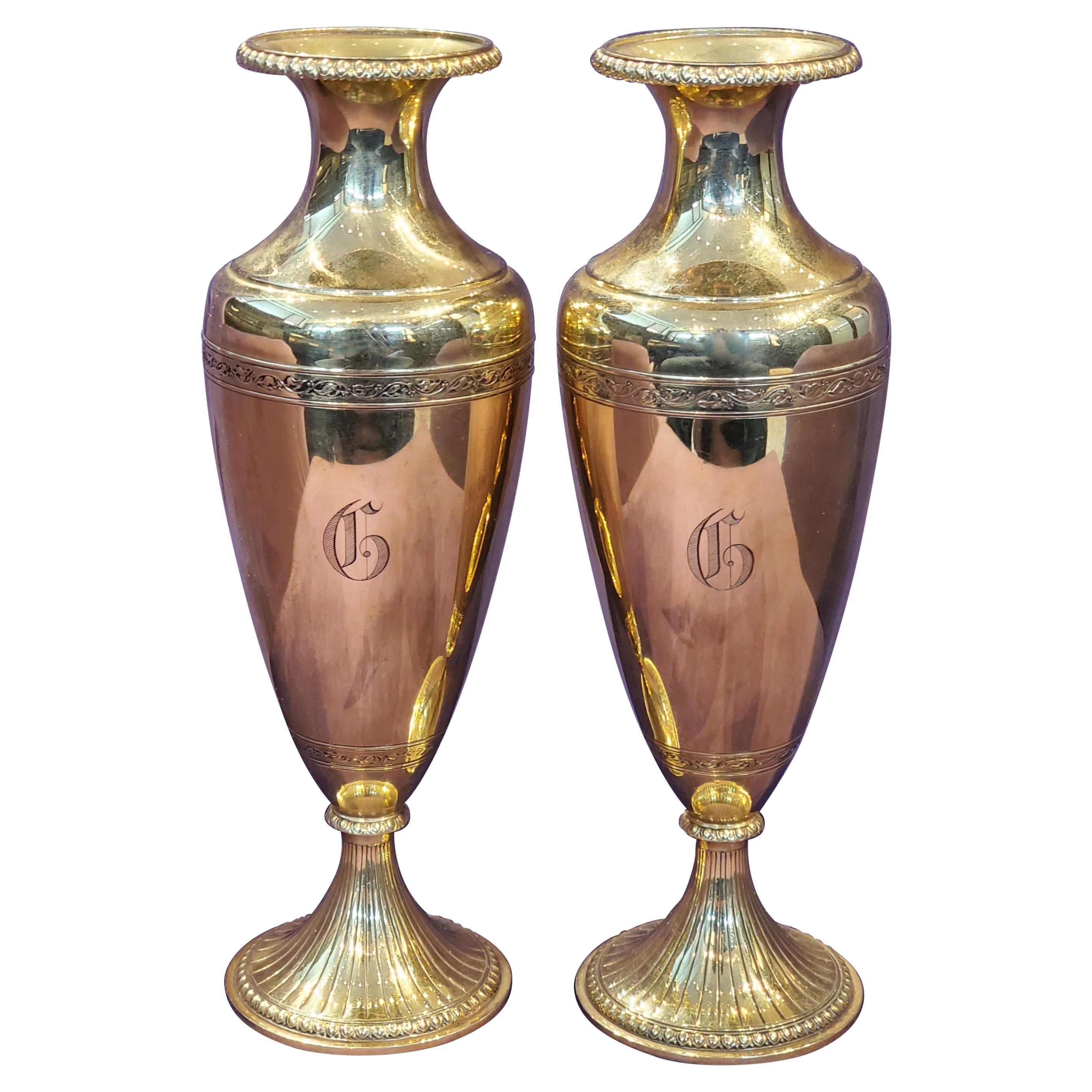 Pair of 14 Karat Gold Flower Vases For Sale