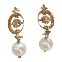 Pair of 14 Karat Gold Pearl and Diamond Earrings