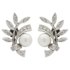 Pair of 14 Karat White Gold, Akoya Pearl and Diamond Earrings