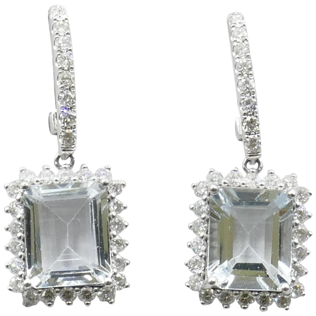 Pair of 14 Karat White Gold Aquamarine and Diamond Earrings