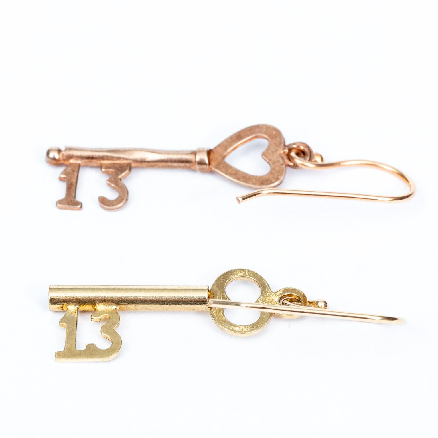 Pair of 14 Karat Yellow and Pink Gold Key Earrings For Sale 3