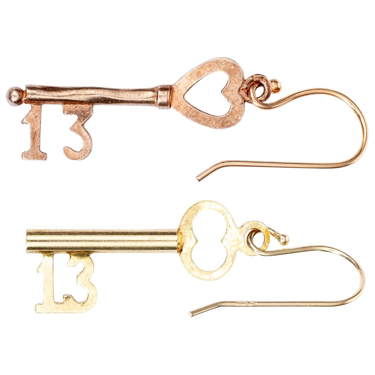 Pair of 14 Karat Yellow and Pink Gold Key Earrings For Sale