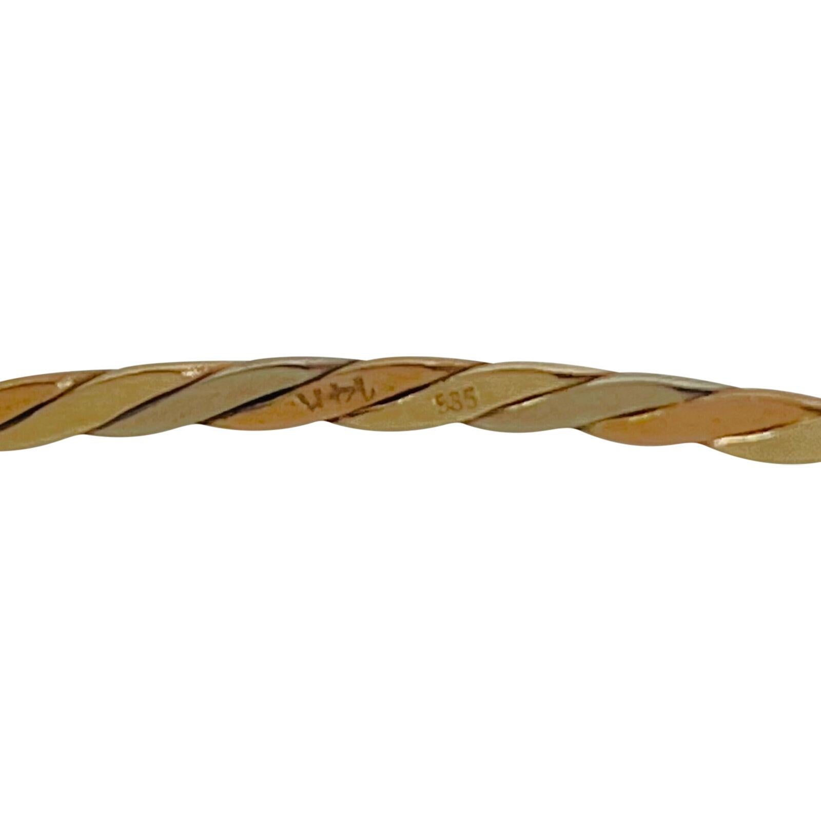 Pair of 14 Karat Yellow White and Rose Gold Tri Tone Spiral Bangle Bracelets 1