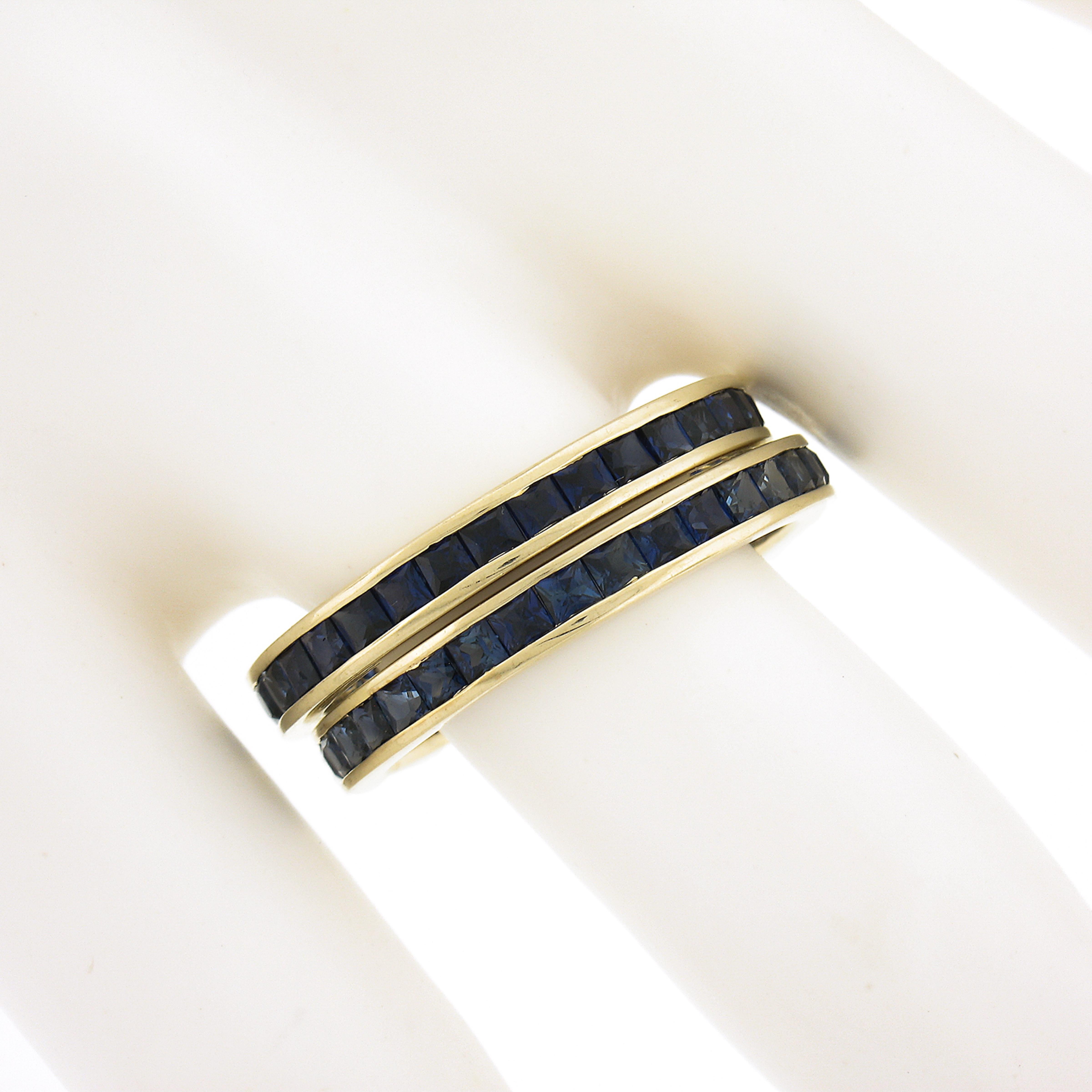 Square Cut Pair of 14k Gold 3ctw Channel Set Step Sapphire Eternity Stack Band Guard Rings