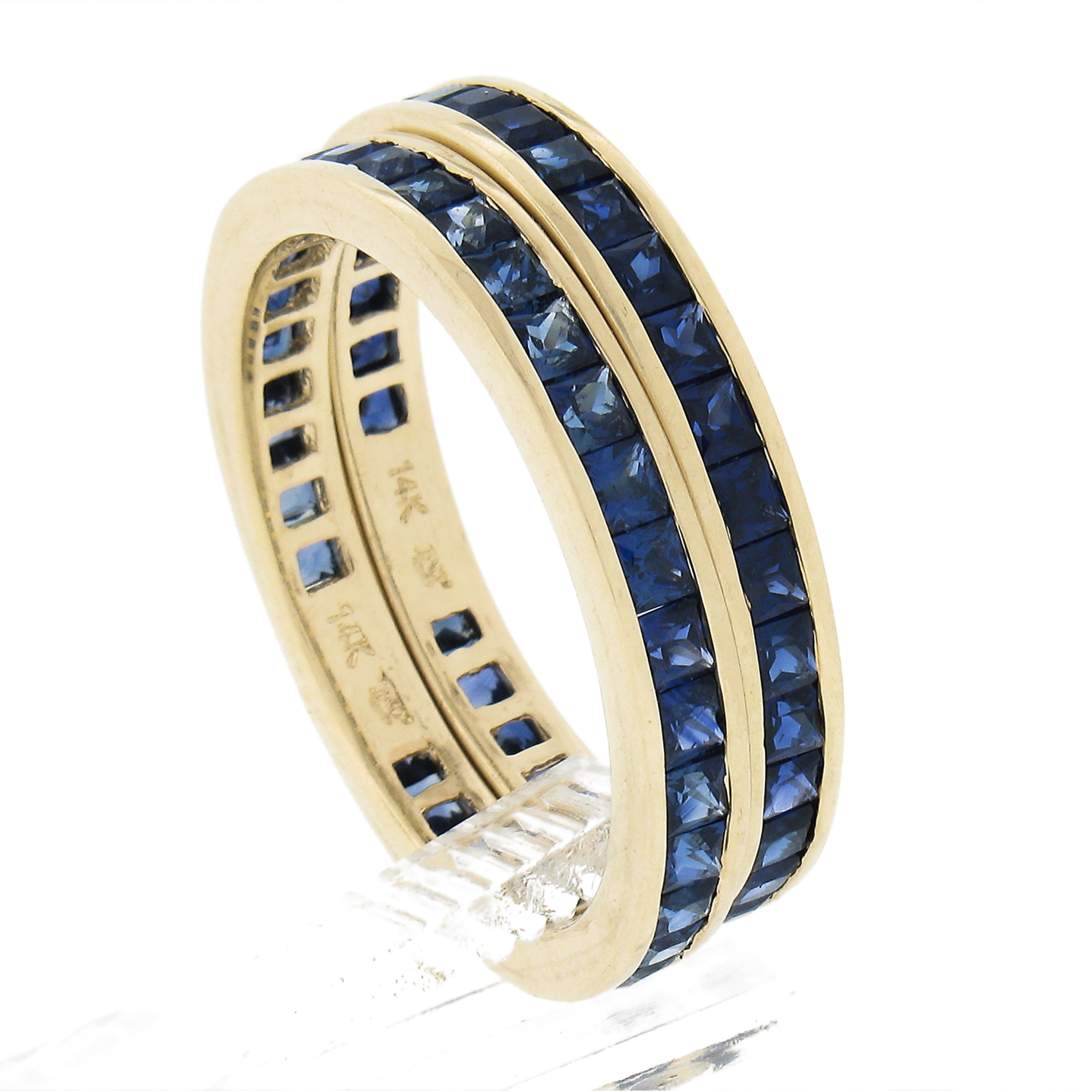 Women's or Men's Pair of 14k Gold 3ctw Channel Set Step Sapphire Eternity Stack Band Guard Rings