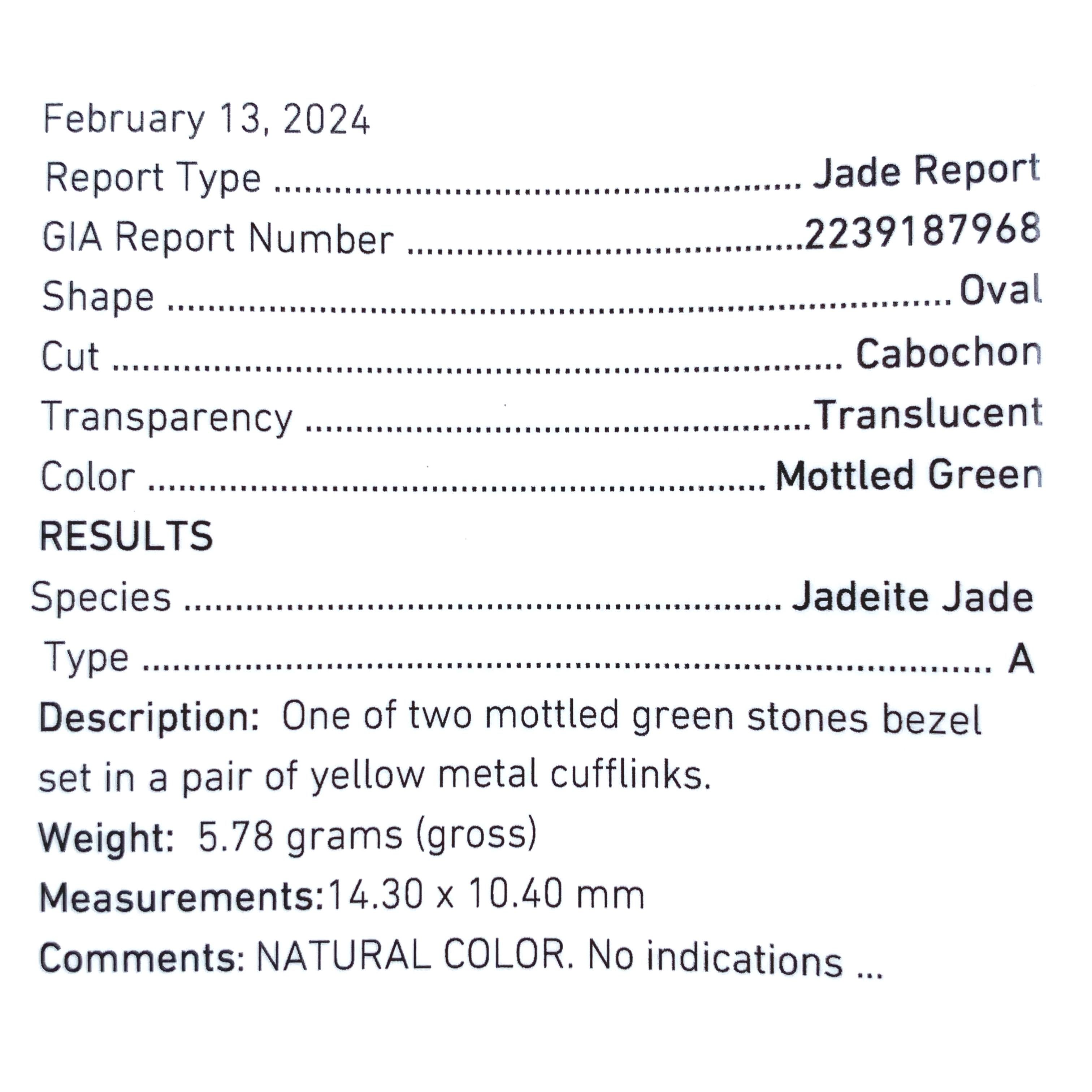 Coppia di gemelli in oro 14K con giada e giadeite con rapporto GIA In condizioni buone in vendita a Big Bend, WI