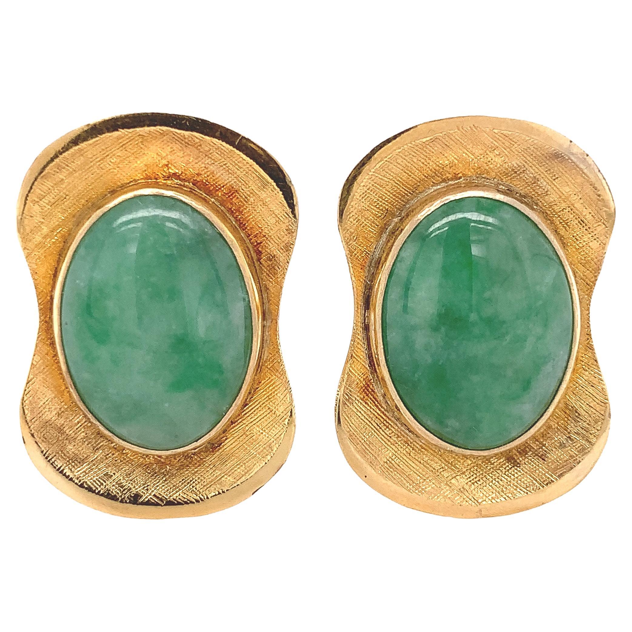Pair of 14K Gold A Jadeite Jade Cufflinks with GIA Report