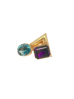 Pair of 14k Gold, Amethyst and Blue Topaz Earclips
