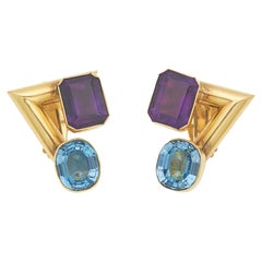 Paar Ohrclips aus 14k Gold, Amethyst und Blautopas