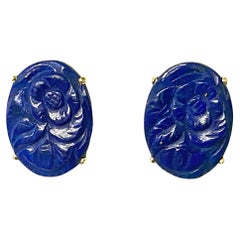 Pair of 14k Gold and carved Lapis Lazuli floral earring