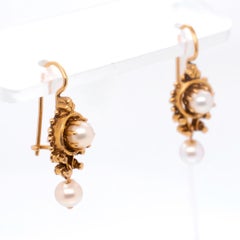 Pair of 14k Gold and Cultured Pearl Etruscan Revival Style Earrings